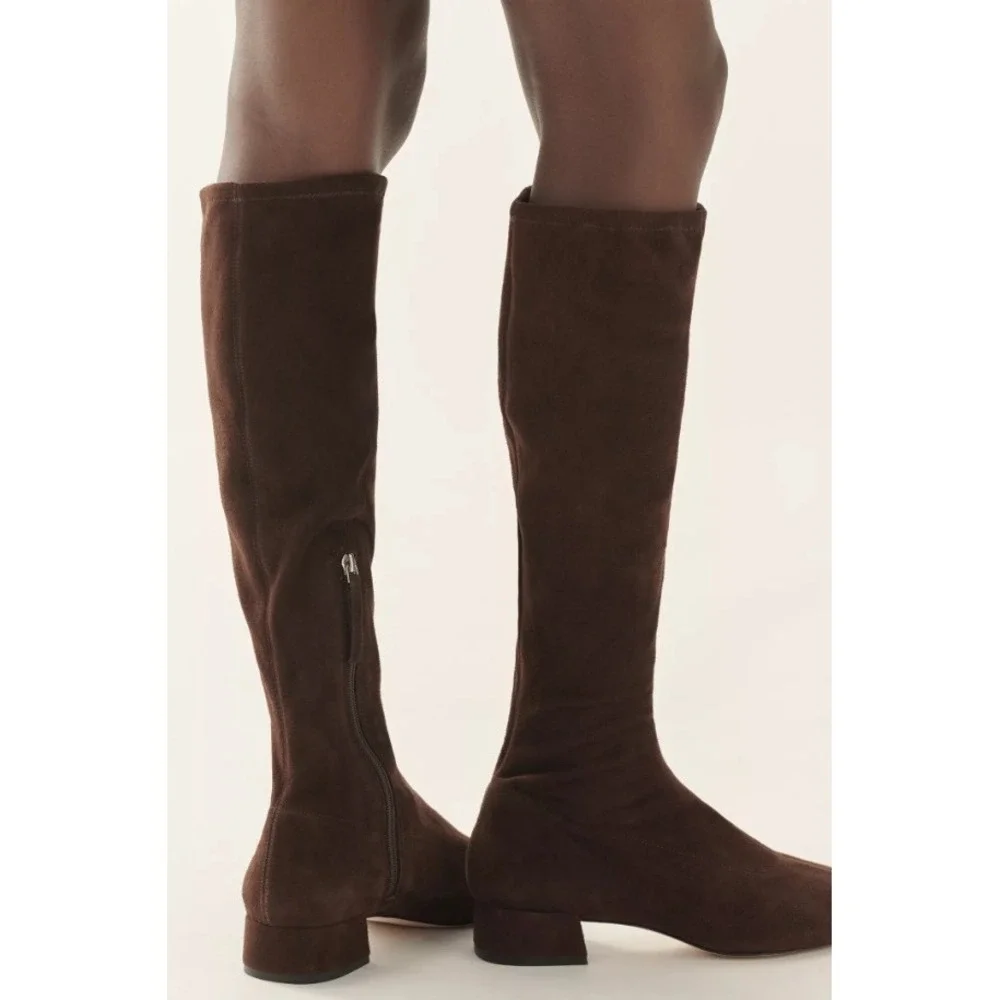 NEW Reformation Raven Knee-High Boots Suede Square Toe Block Heel Side Zip 6
